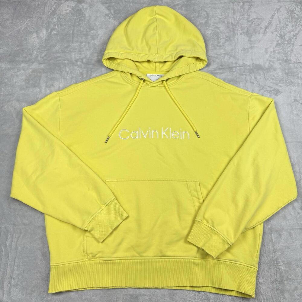 Calvin Klein Yellow Hoodie Unisex Size M Bright Logo Pullover Fleece Relax Fit